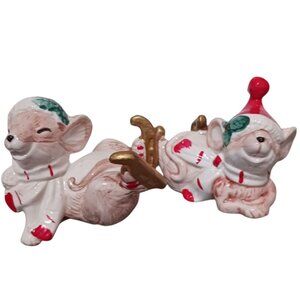 Fitz & Floyd Vtg  Christmas Skating Mice Figurines & Holiday Set of 2